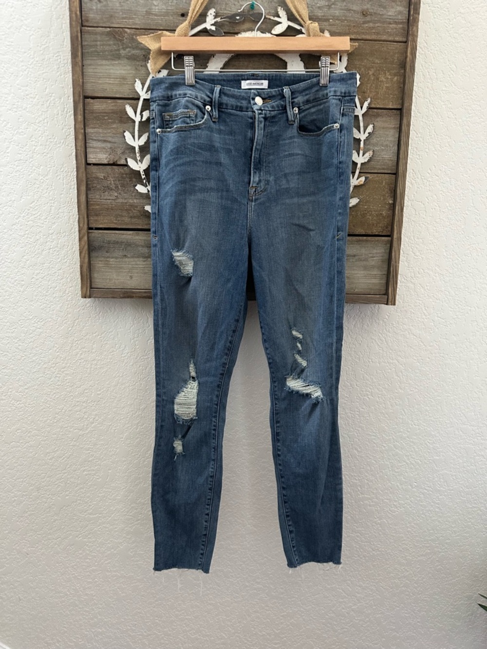 Good American Good Waist Distressed Women's Blue Jeans 14/32